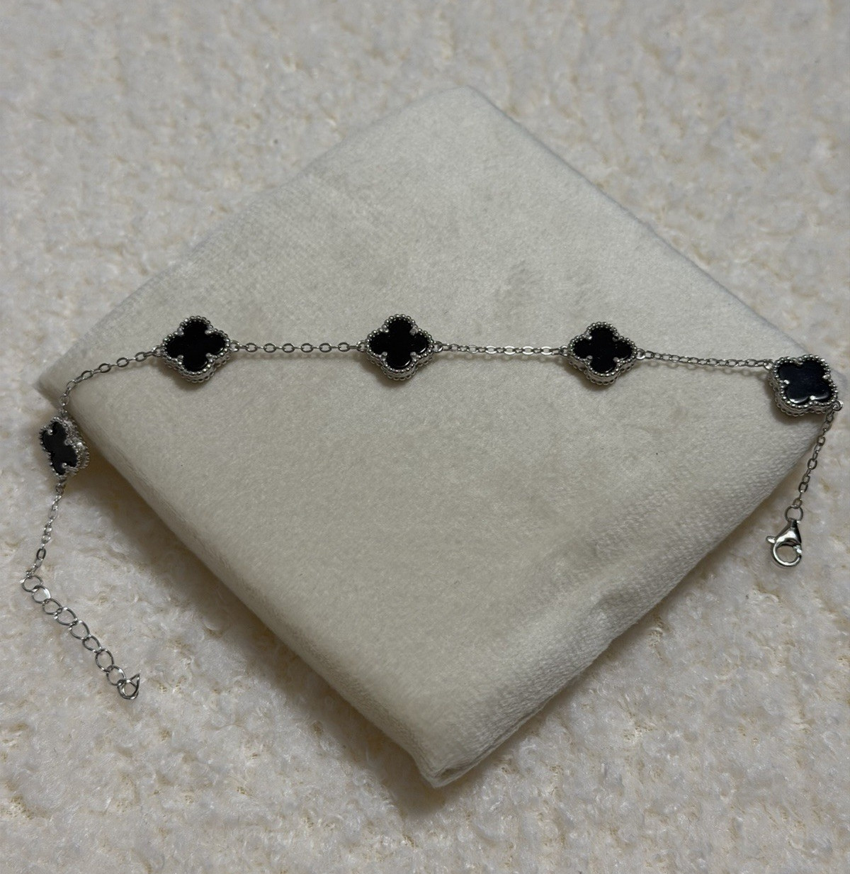 925 Sterling Silver Bracelet Black Clover Adjustable 7-8 inch Lobster Clasp
