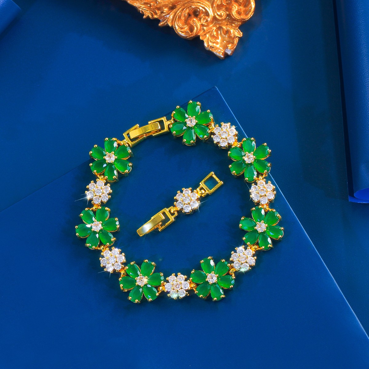 Sparkly Yellow Gold Plated Cubic Zirconia Flower Tennis Bracelet for Women Party