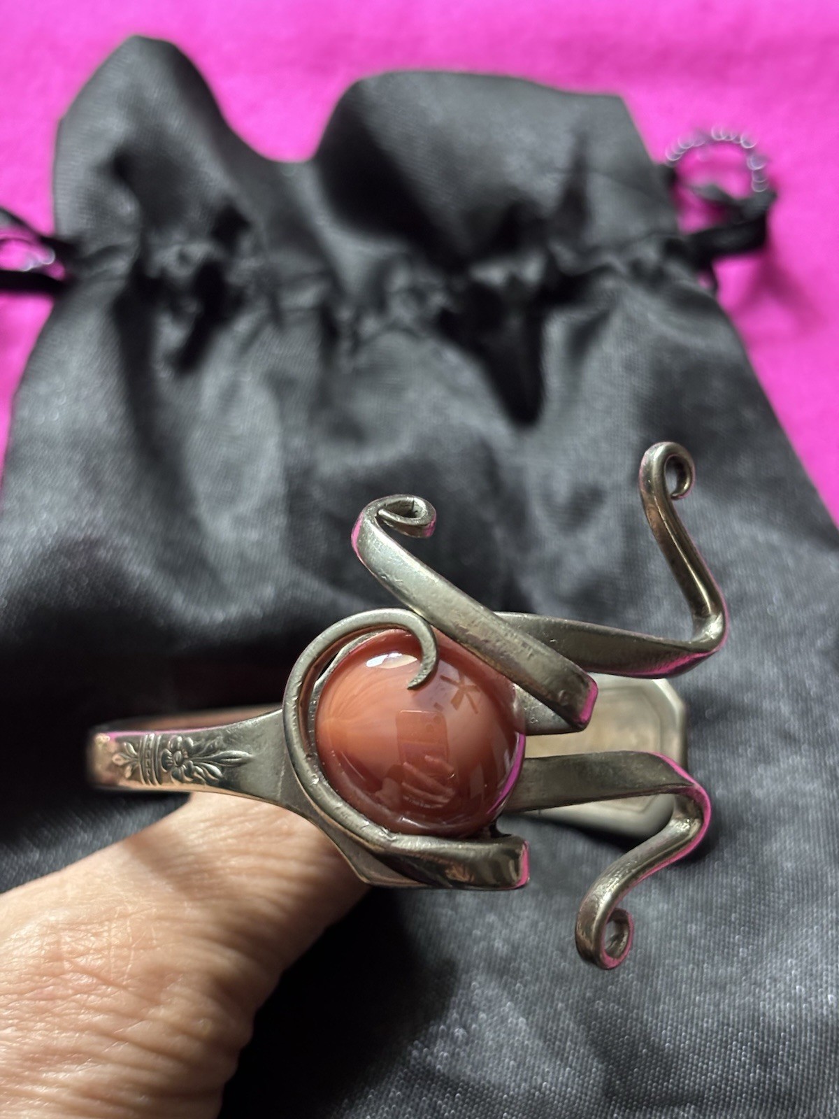 Silver Plated Cuff Bracelet with Round Pink Cabochon