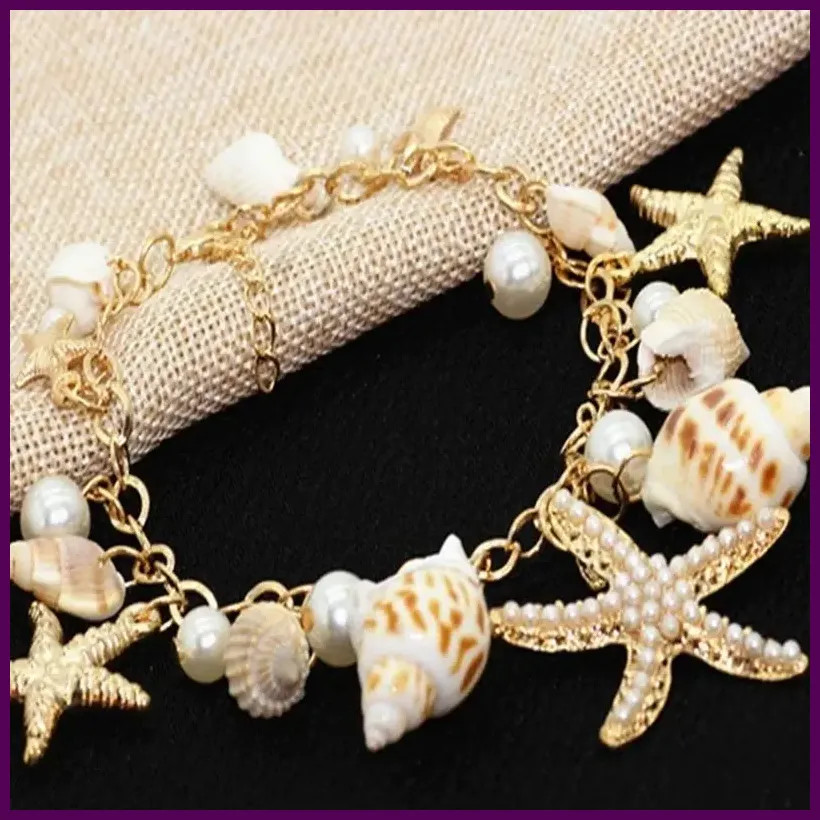Gold Color Metal Starfish Conch Charm Women Bracelet Imitation Pearl Natural