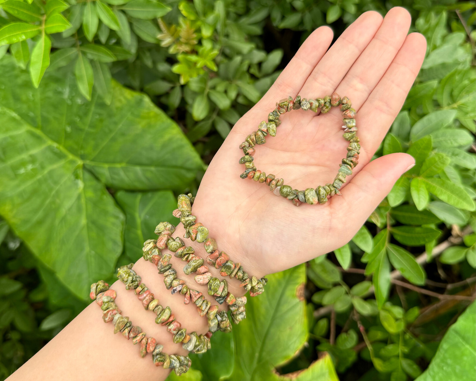 Unakite Chip Bracelet, Stretch: Raw Natural Unakite Crystals (US SELLER)