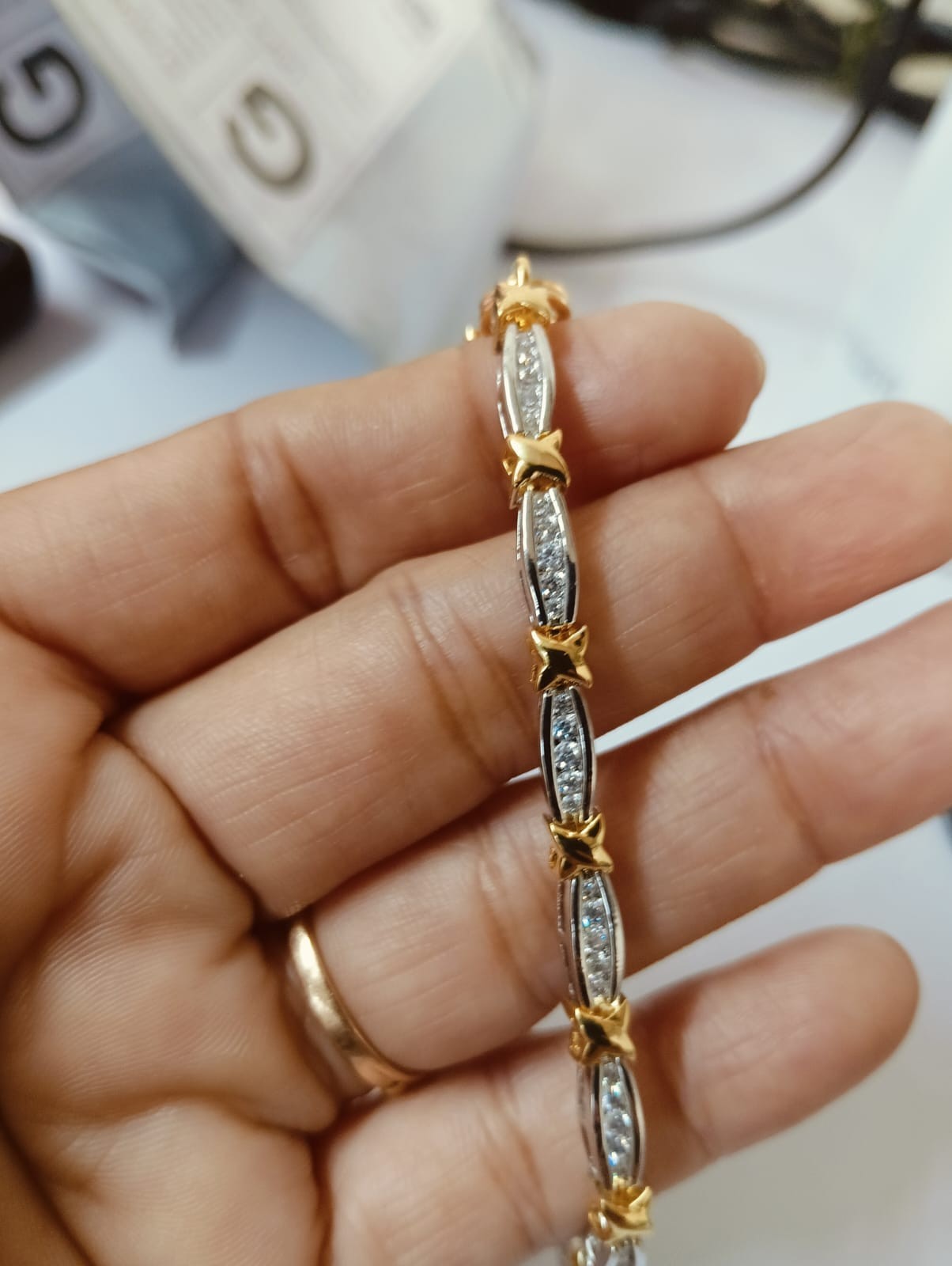 2CT Simulated Diamond “X” link Tennis Bracelet White & Yellow Gold Plated Silver