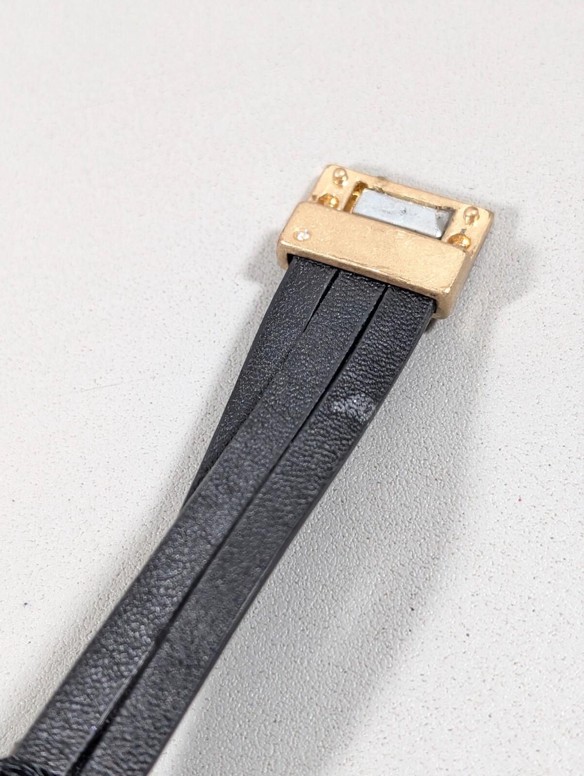 Gold Tone Matte Three Row Faux Black Leather Magnetic Bracelet 7 in Boho Western