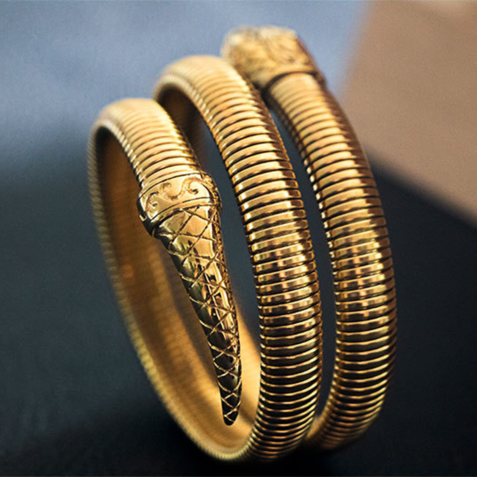 Women’s Mens Chunky Snake Wrap Bracelet Gold Plated Layered Cuff Stainless Steel