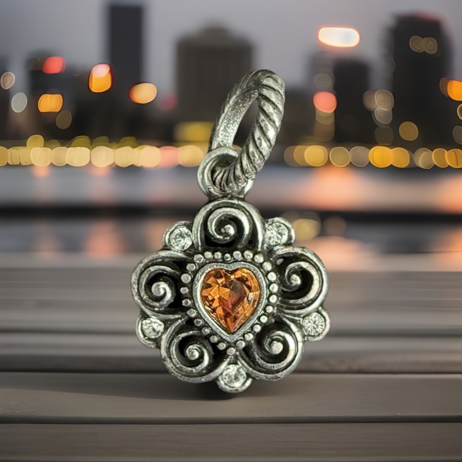 Brighton Charm Amber Brown Crystal Heart Silver Pendant NWOT