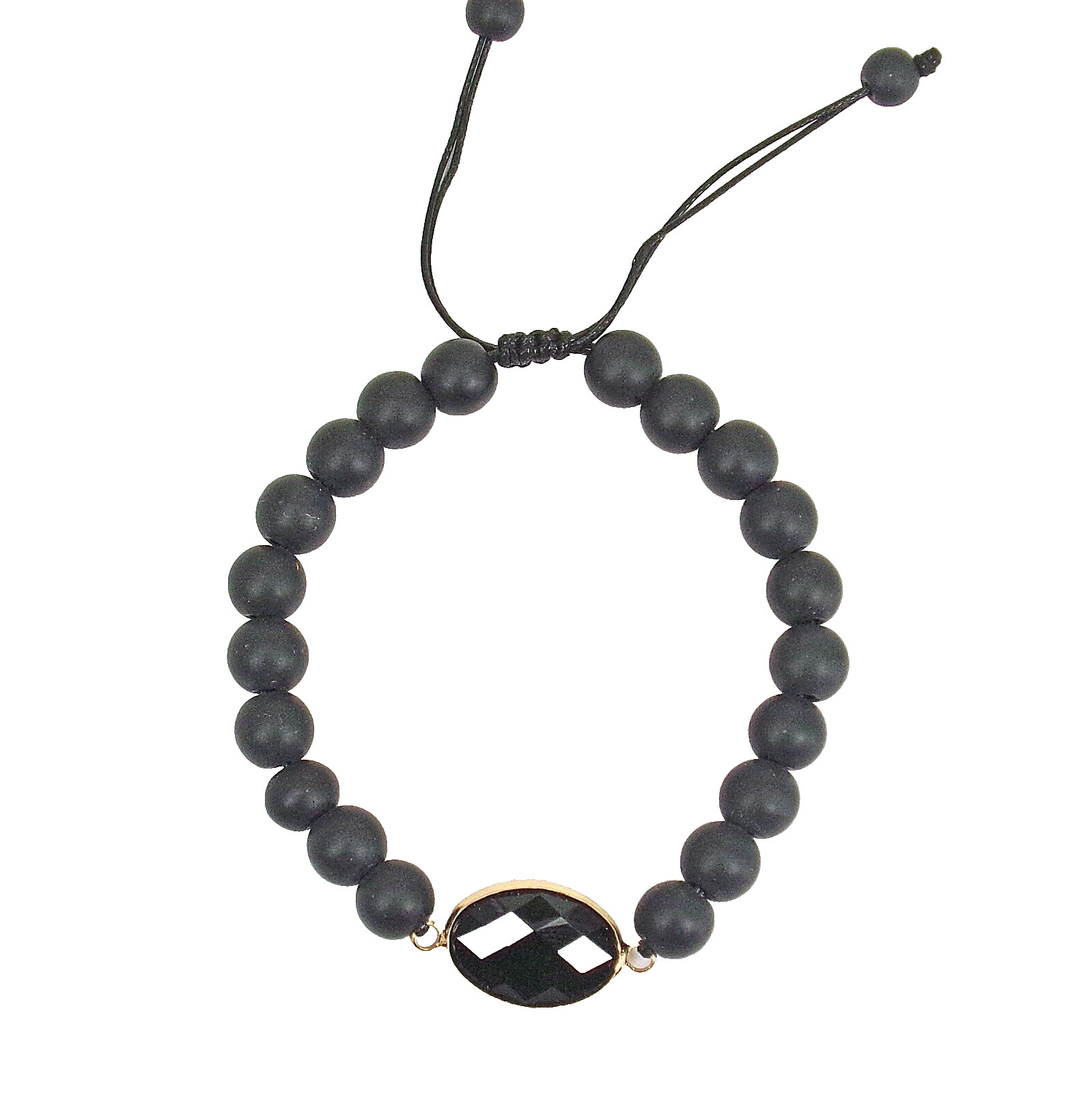 Black stone bead bracelet with black glass bead and adjustable size tie back New