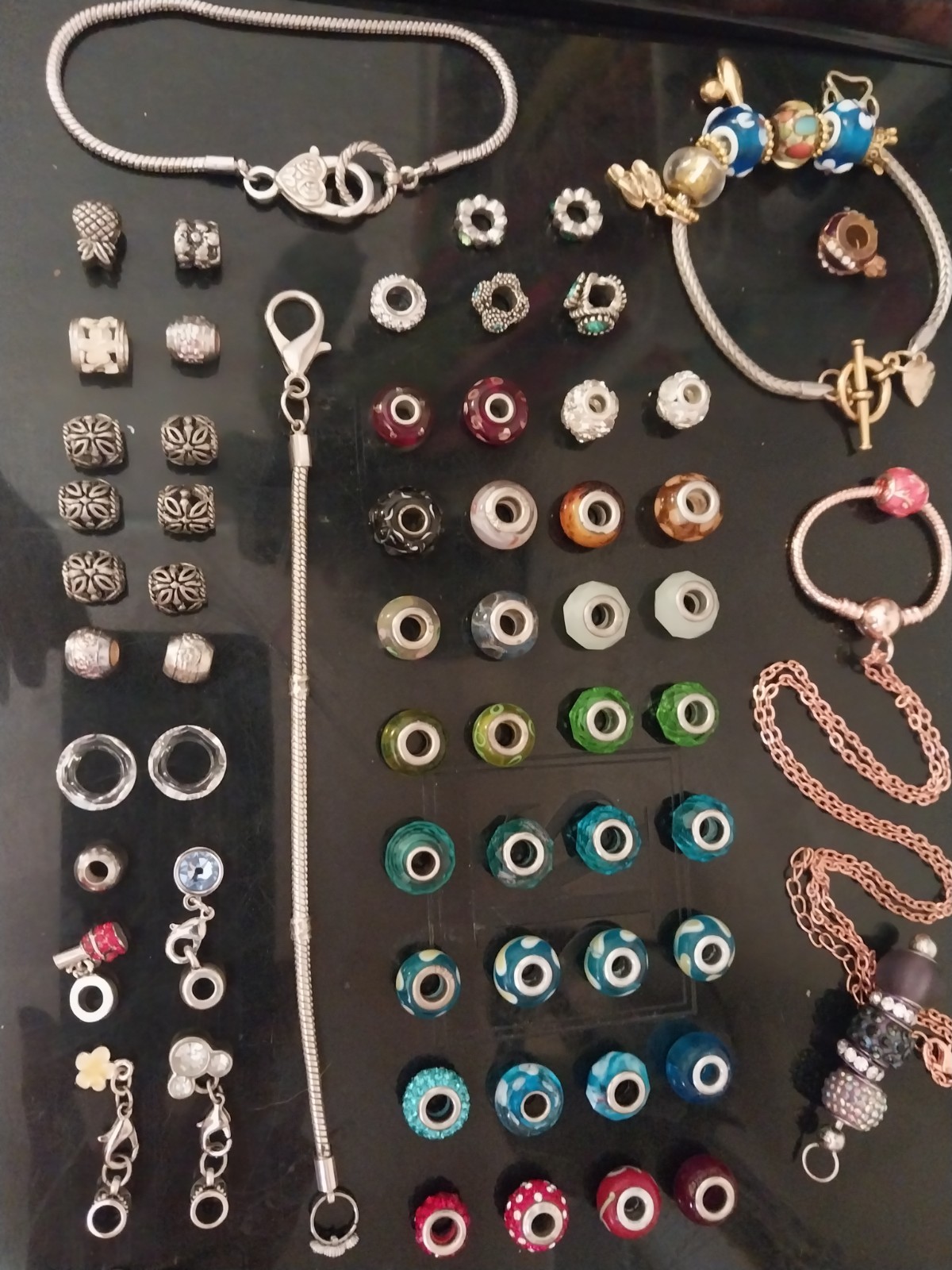 Glass Slide Bead Charms and 3 Bracelets Lot of 75 pcs 925 Murano & Dangle Charms