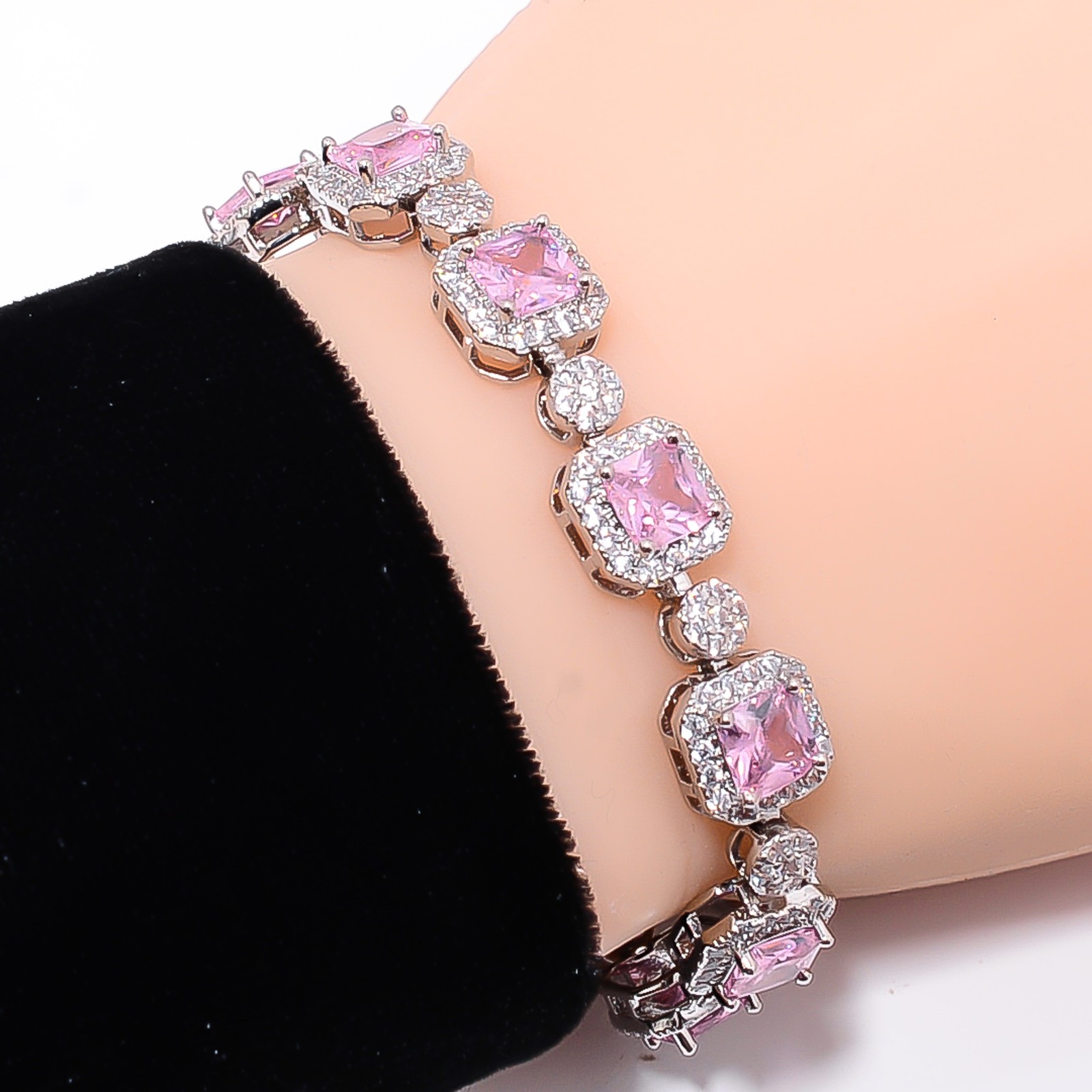 Pink Sapphire -Simulated, CZ 925 Sterling Silver Adjustable Bracelet 7-8″ B1912