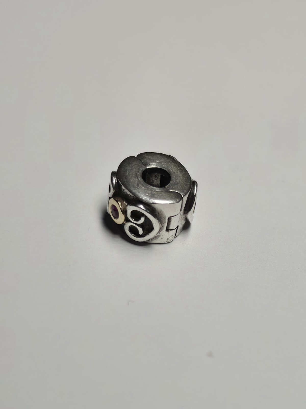 Authentic Pandora Double Heart Silver & 14k Gold Pink Sapphire Clip 790382PSA