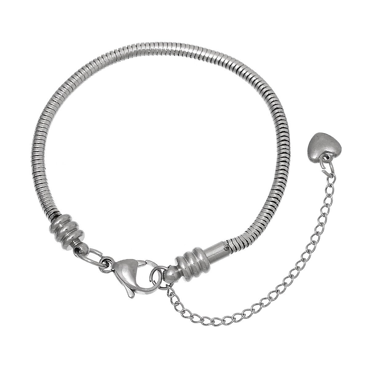 7.2″ European Style Stainless Steel Snake Chain Charm Bracelet with Heart Lobste