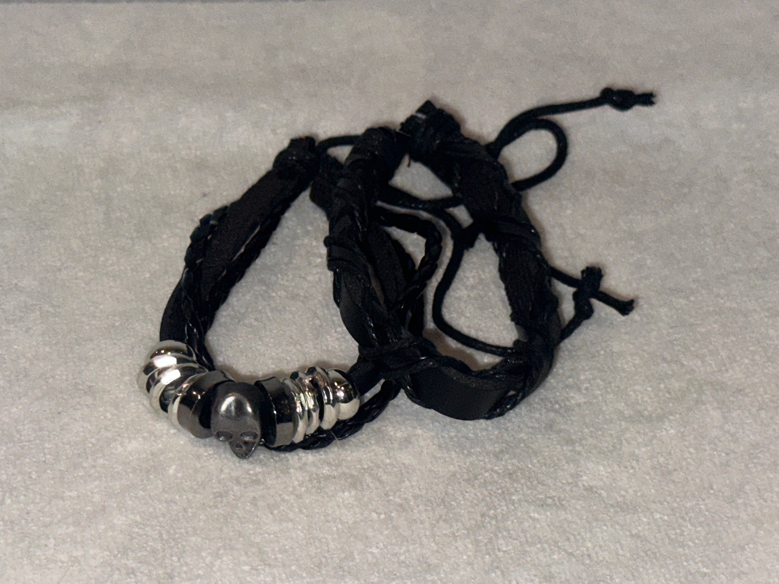 2 Leather Tie Back Braided Skull Bracelets Unisex And Goth Punk Grundge NWOT