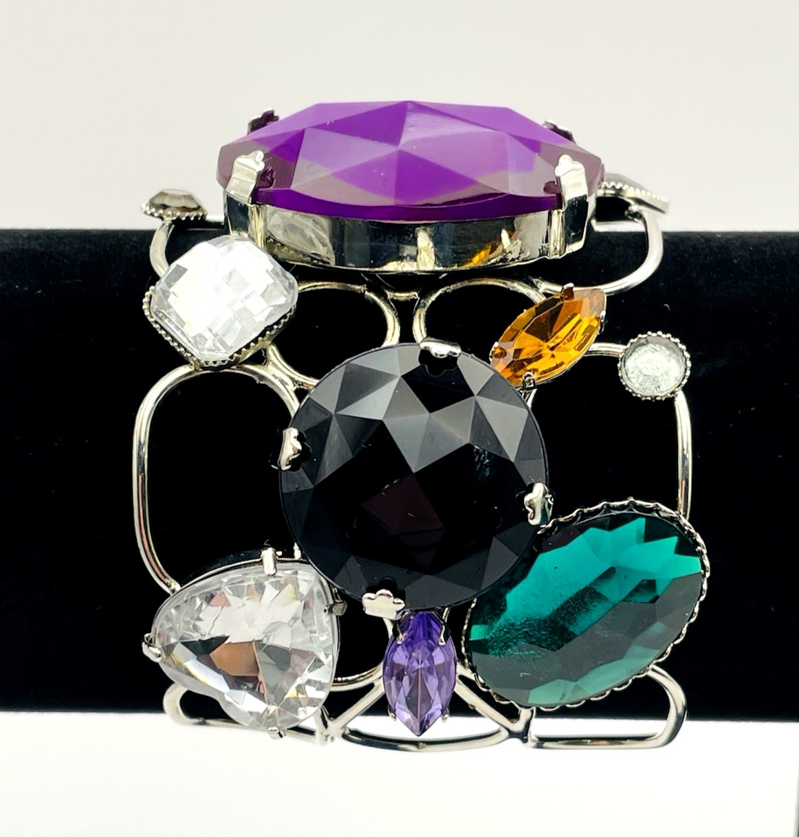Multi Color & Shape Rhinestone Wire Cuff Bracelet Stmt Geometric Silver Tone