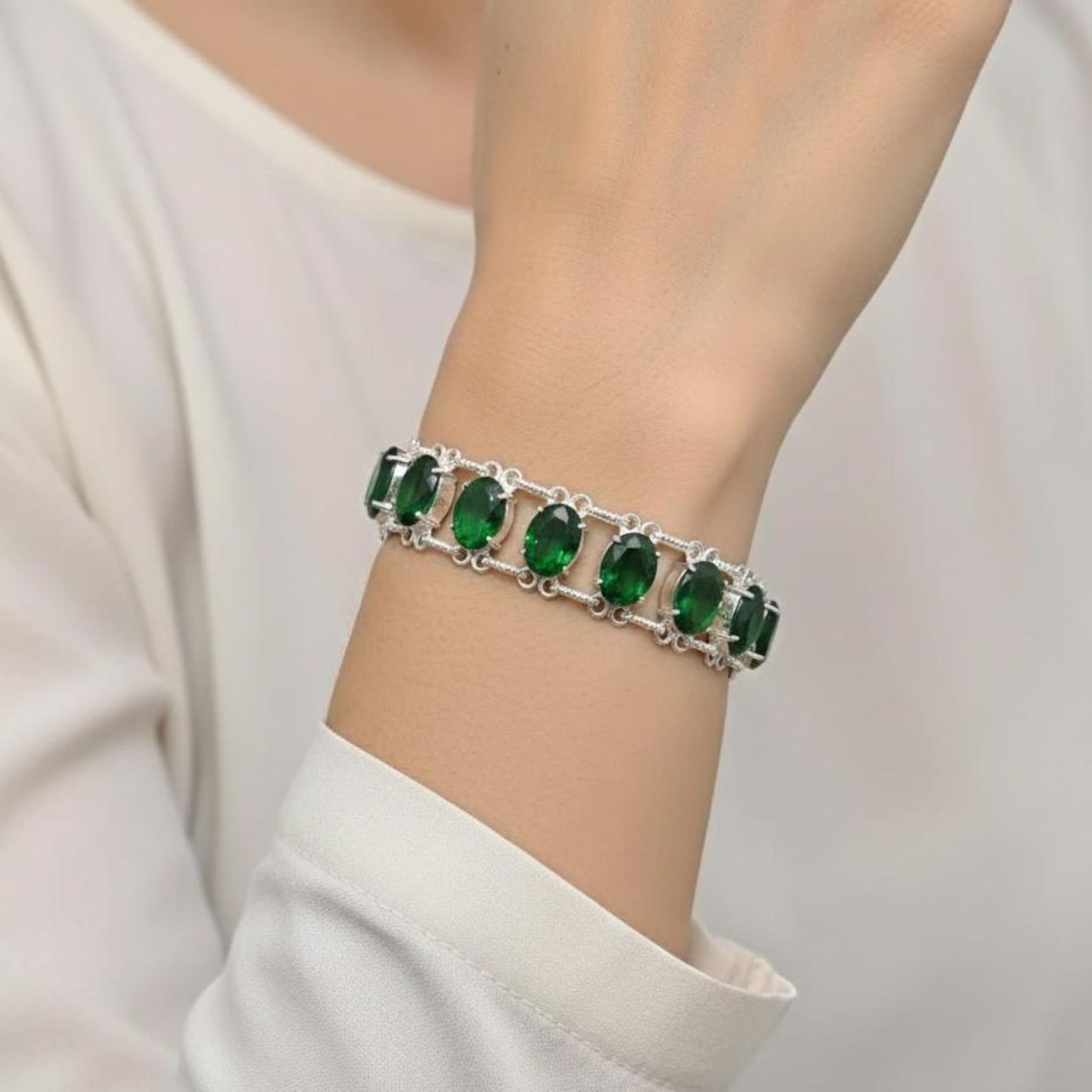 Green Emerald Gemstone Bracelet in Silver | Natural Oval Emerald Bracelet