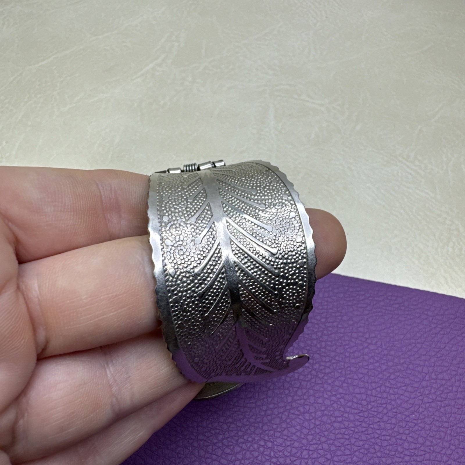 Leaf Wrap Cuff Bracelet Etched Metal Silver Tone