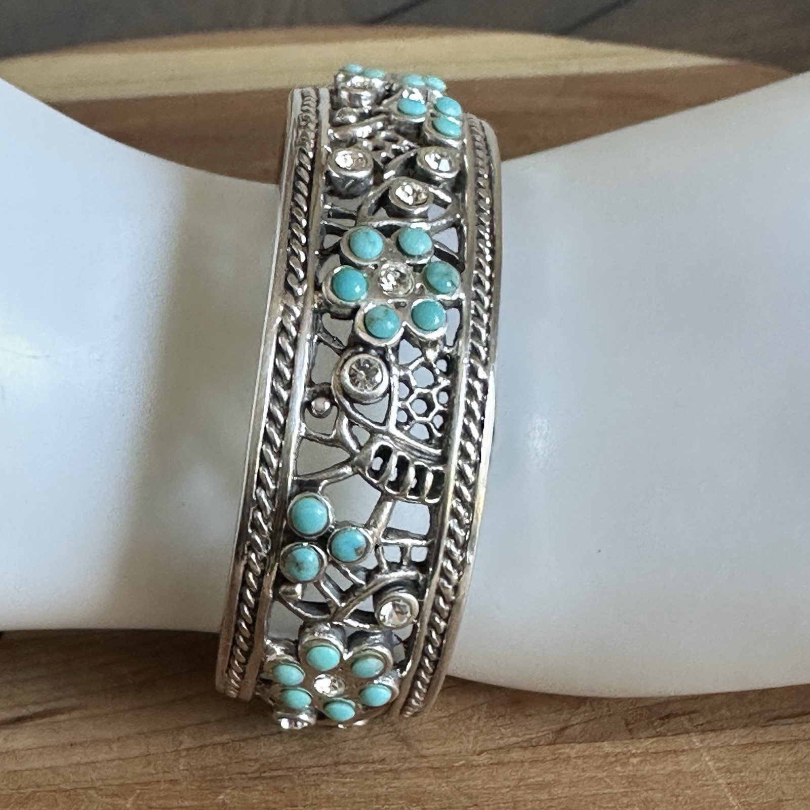 Barse Open Cuff Bracelet 6.5 Inch Turquoise Clear CZ Floral 925 Sterling 53.8g