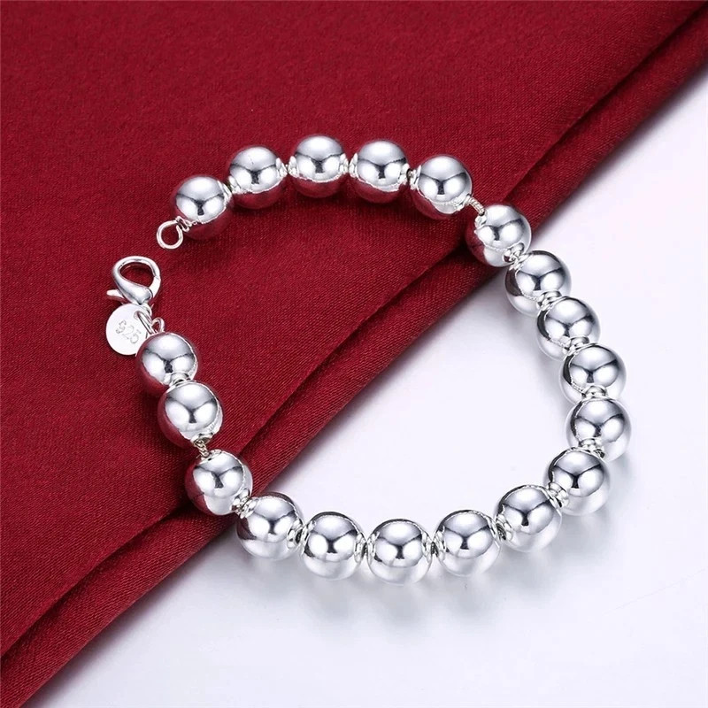 925 Sterling Silver 8mm/10mm Hollow Ball Beads Chain Bracelet Women Jewelry