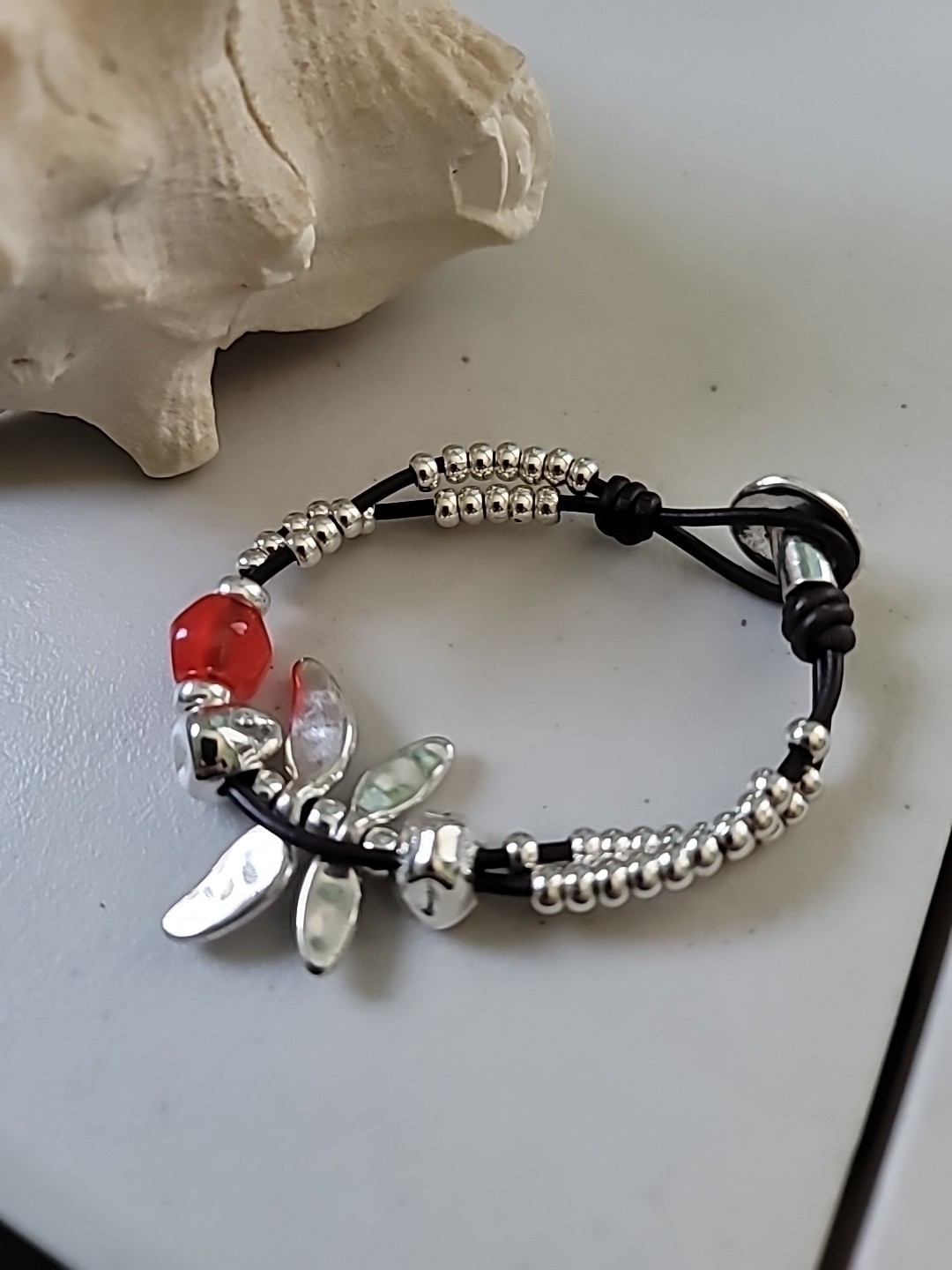 Red Hot beaded silver plated Double Layer Dragonfly Bracelet Uno De 50 Style