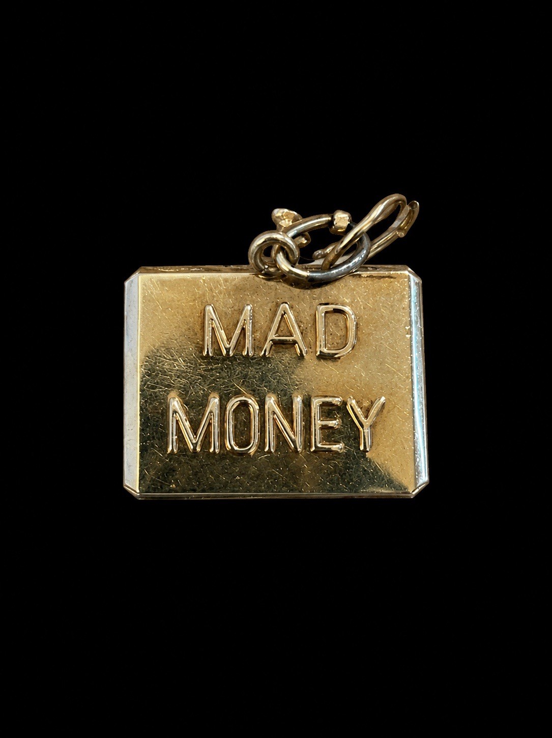 14k Yellow Gold Rectangular Dangle Charm “Mad Money” Dollar Sign Signed No Stone