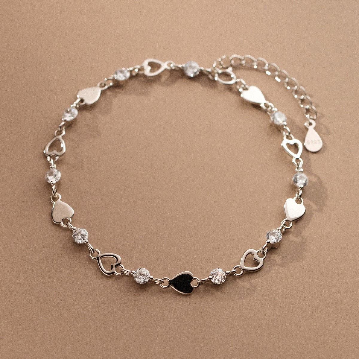 Women Real S925 Sterling Silver Heart Charm CZ Bracelet Bangle 8.3 inches