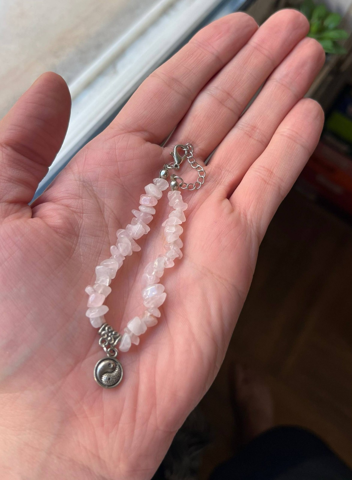 Natural Rose Quartz Chip Bead Bracelet Yin Yang Charm Crystal Healing Gift
