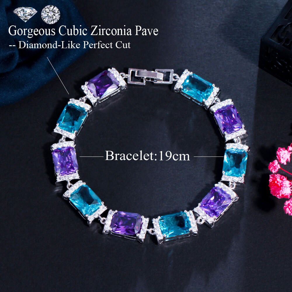 Silver Plated Purple Blue Cubic Zirconia Square Charms Link Bracelet for Brides