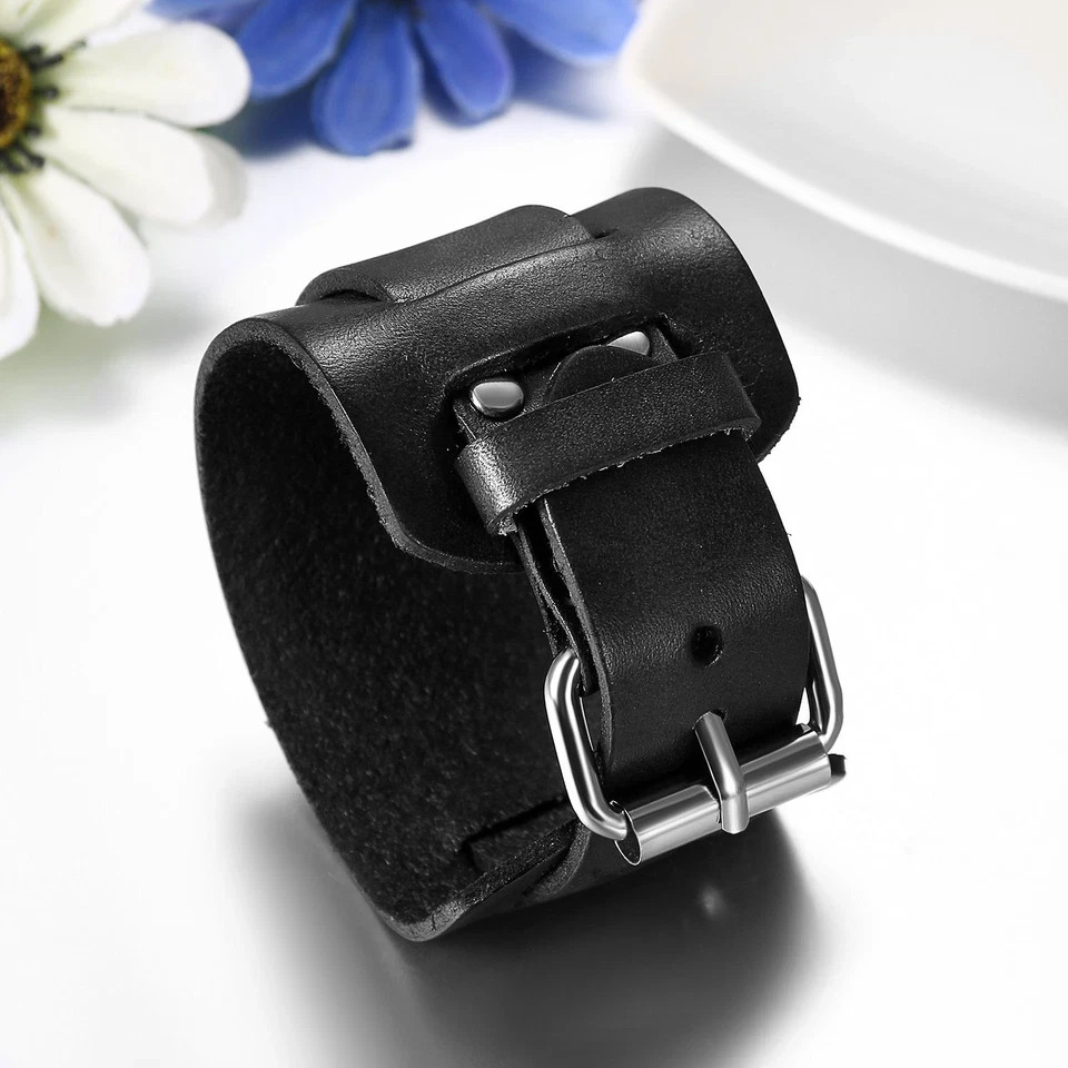 **Men’s Punk Vintage Genuine Leather Bracelet – Wide Brown Black Cuff Wristband