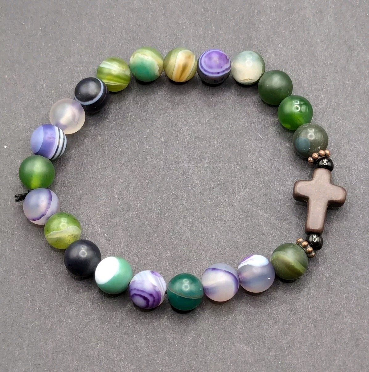 Women’s Cross Focal Colorful Agate Beaded Stretch Bracelet (17cm) S/M Wrist