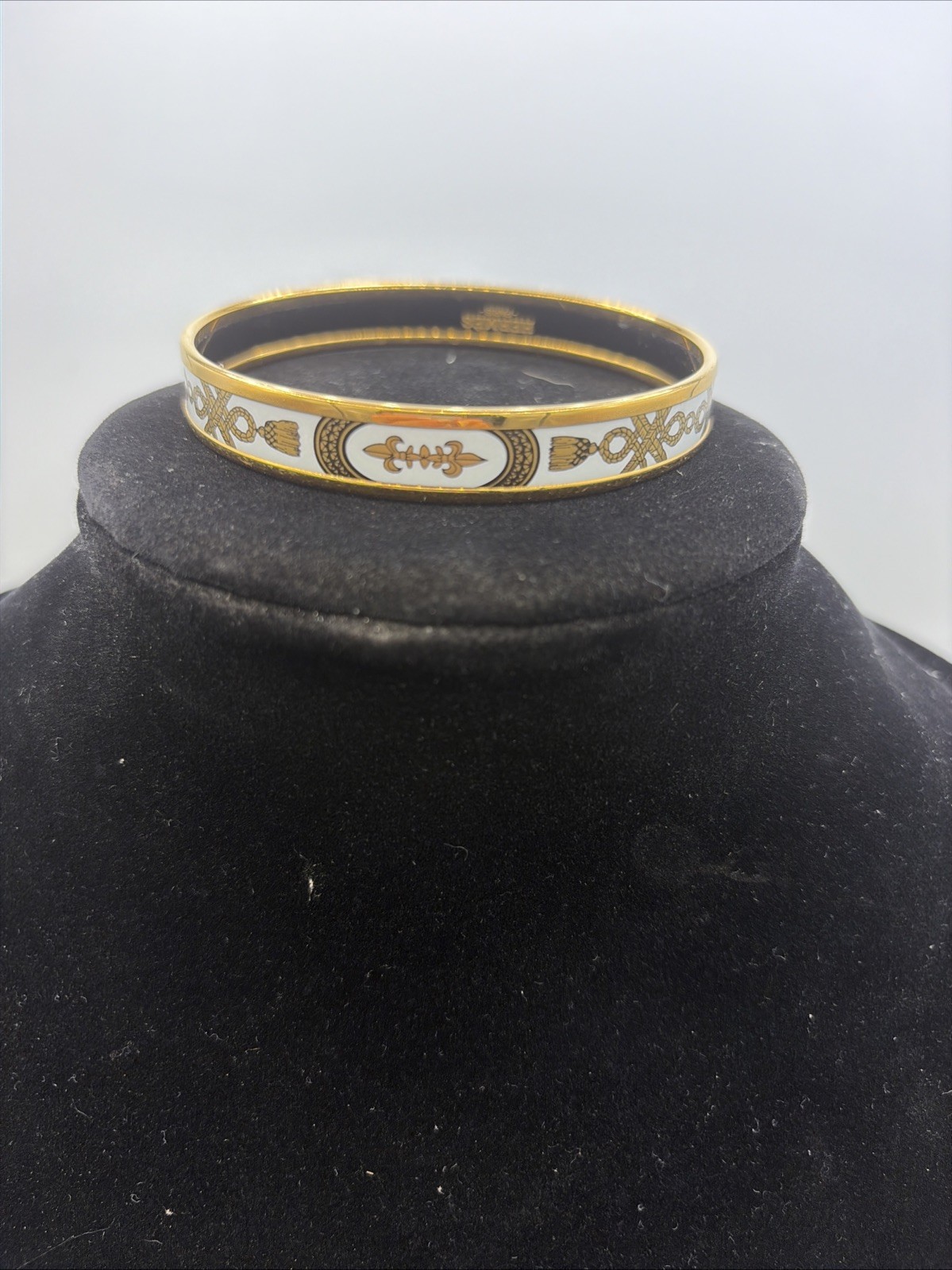 RARE Hermes Paris Enamel Narrow Grand Apparat Bangle Bracelet Gold Printed Desi