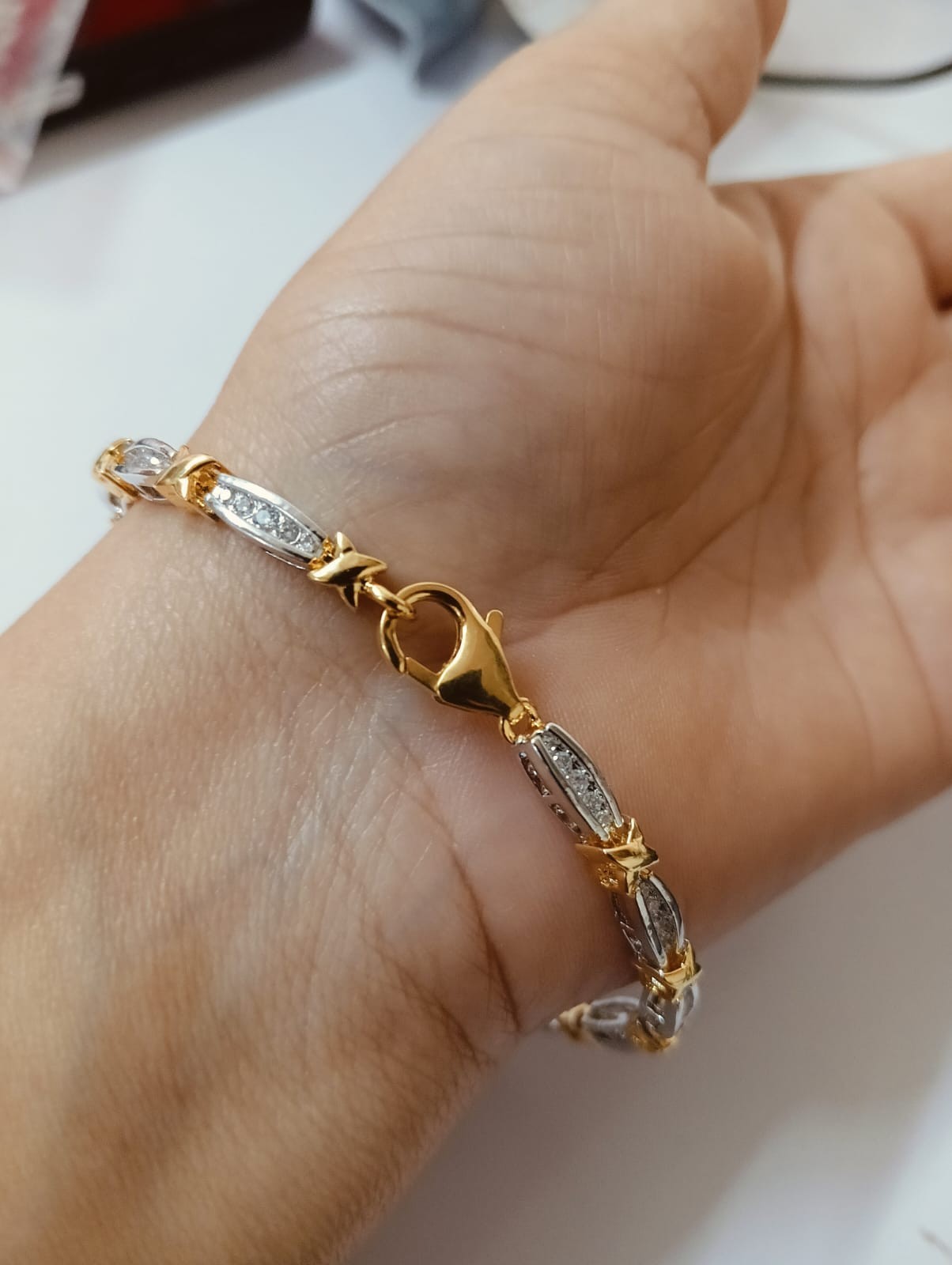 2CT Simulated Diamond “X” link Tennis Bracelet White & Yellow Gold Plated Silver
