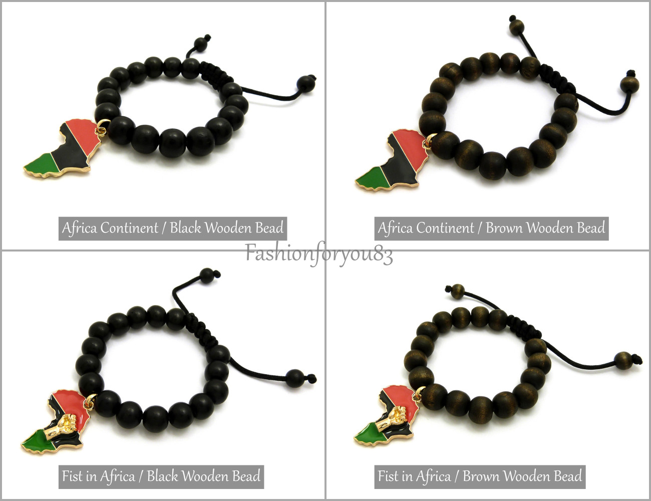 Fist Power Africa Map Charm Adjustable 12mm Wooden Bead Hip Hop Bracelet