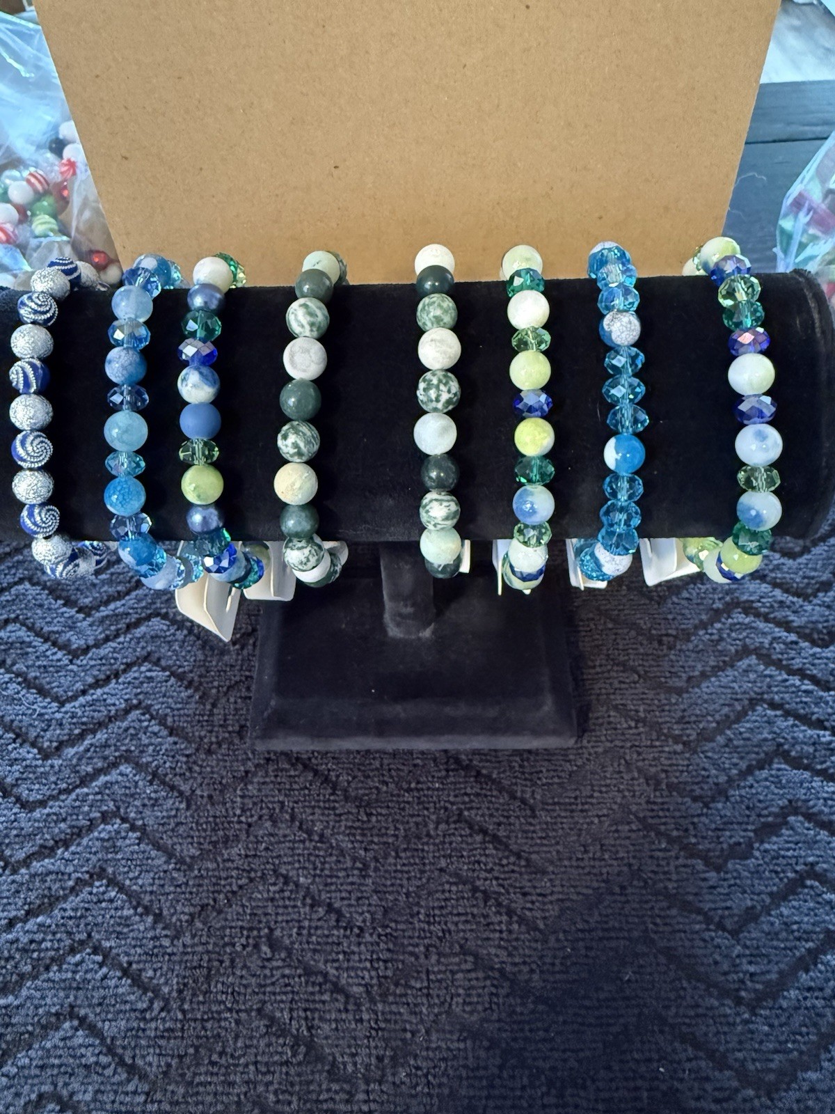 Lot Of 8 – Blues & Greens Beaded Stretch Bracelets 6” To 7.5”