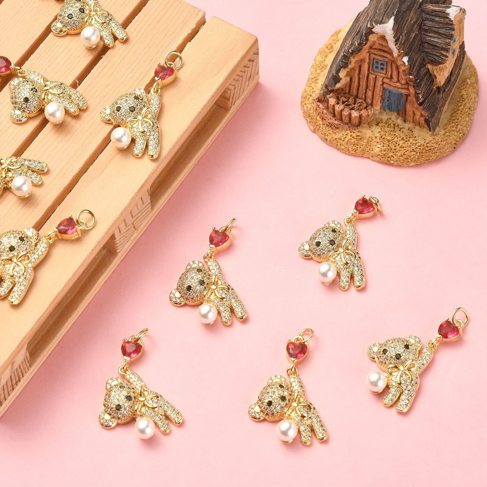 LiQunSweet 10 Pcs Micro Pave Cubic Zirconia Charms Lovely Sweet Red Heart Bear