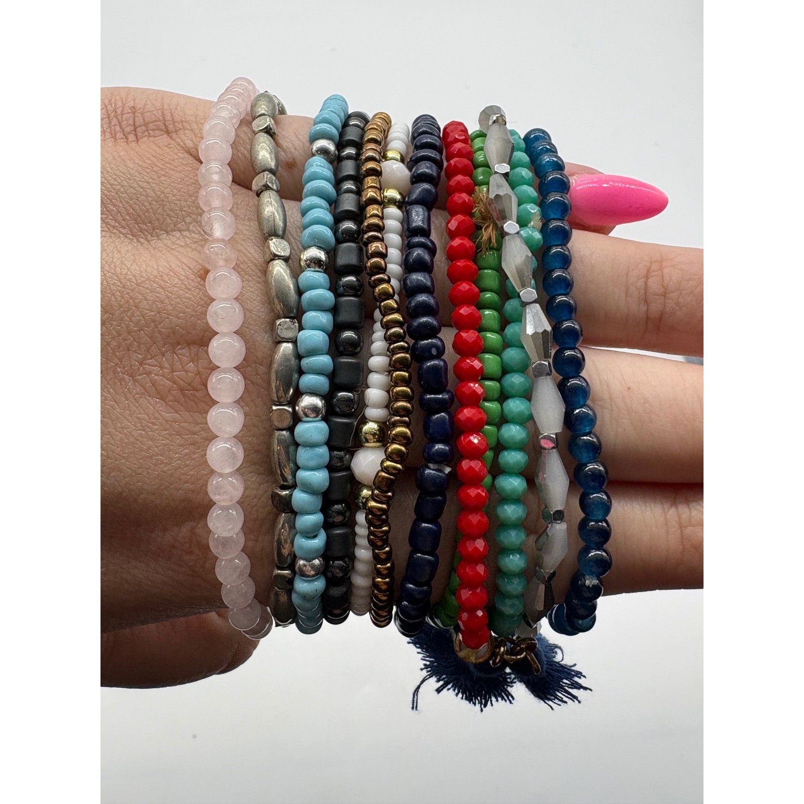 Multi Color Beaded Stretch Bracelet Set 12pc Boho Tassel Stacking Jewelry