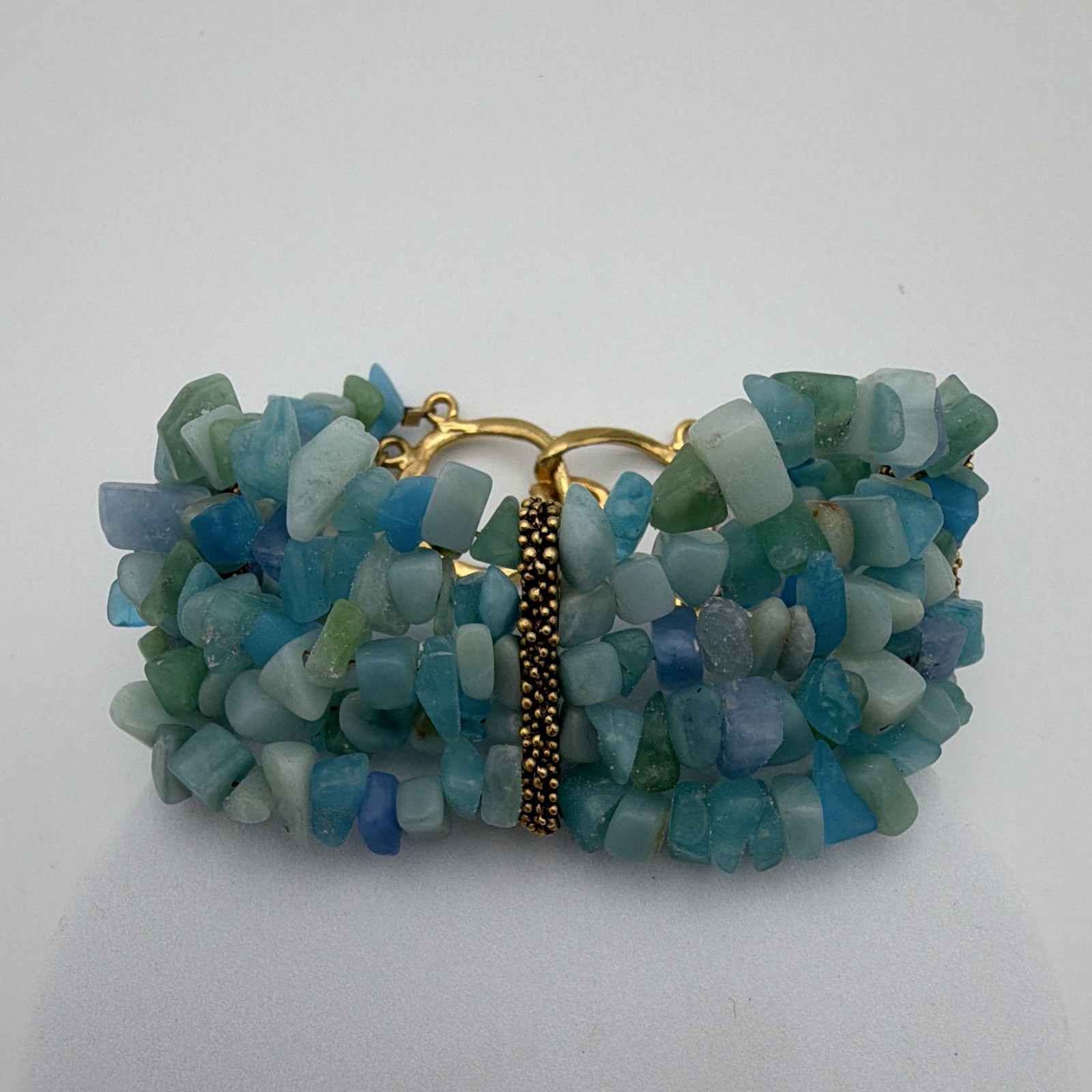 Blue Green Stone Chip Beaded Multi-Strand Toggle Bracelet Stackable 7.5 in