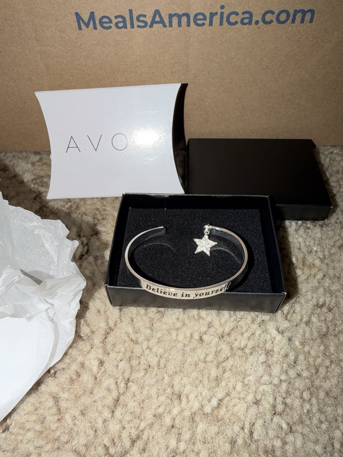 Avon Silver Tone Cuff Charm Bracelet Star Crystal Engraved Inspirational