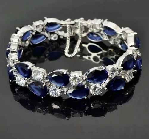18k White Gold Filled Lab Blue Sapphire & Simulated Diamond Tennis Bracelet Gift