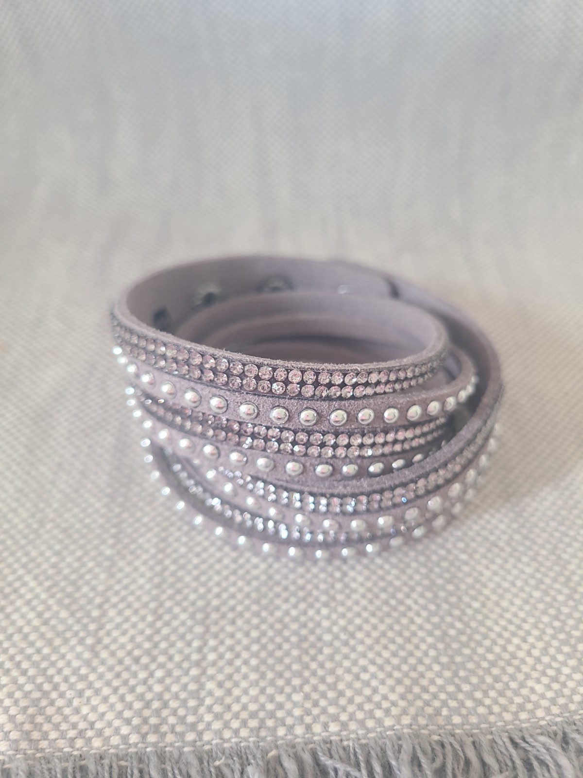 Double Wrap Slake Bracelet Crystal Metal Studs Studded Faux Suede Grey Silver
