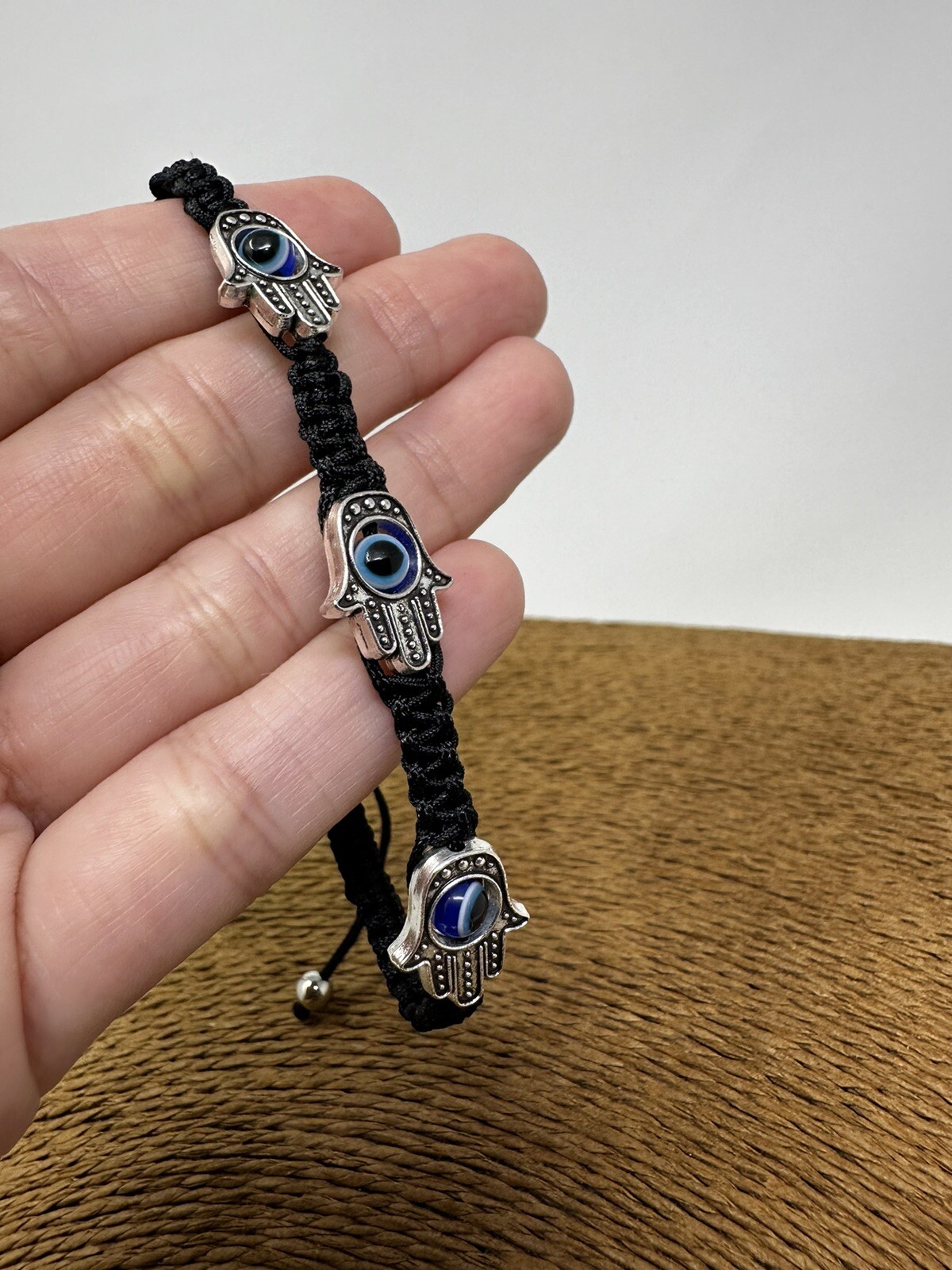 Adjustable Unisex Hamsa Hand Bracelet with Protection Eye Black Macrame Cord