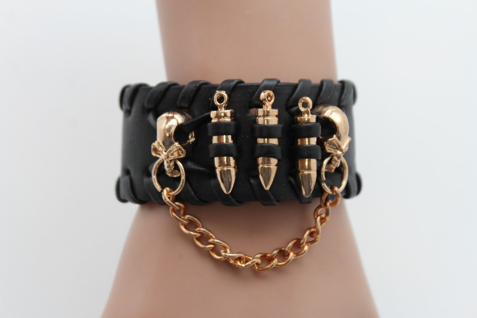Women Black Faux Leather Bracelet Fashion Gold Metal Chain Mini Skull Bullet Gun