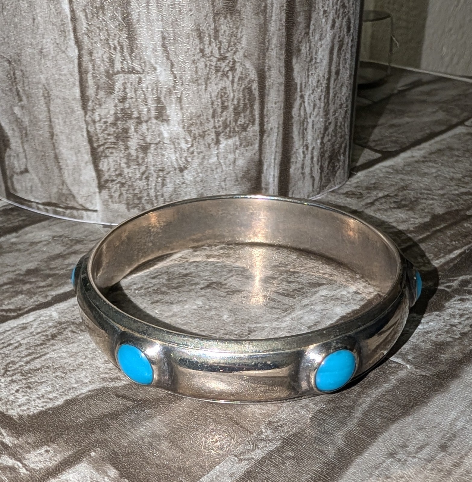 ELEGANT COUTURE BLUE CABOCHONS ON SILVERED METAL STATEMENT BANGLE CUFF BRACELET
