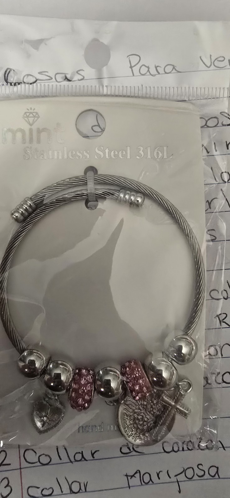 Mint 316L Stainless Steel Wire Bangle Charm Bracelet Silver Pink Crystal Hook