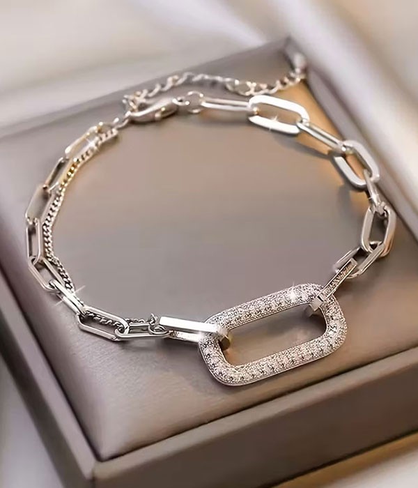 Rhinestone Paper Clip Chain Bracelet White Gold