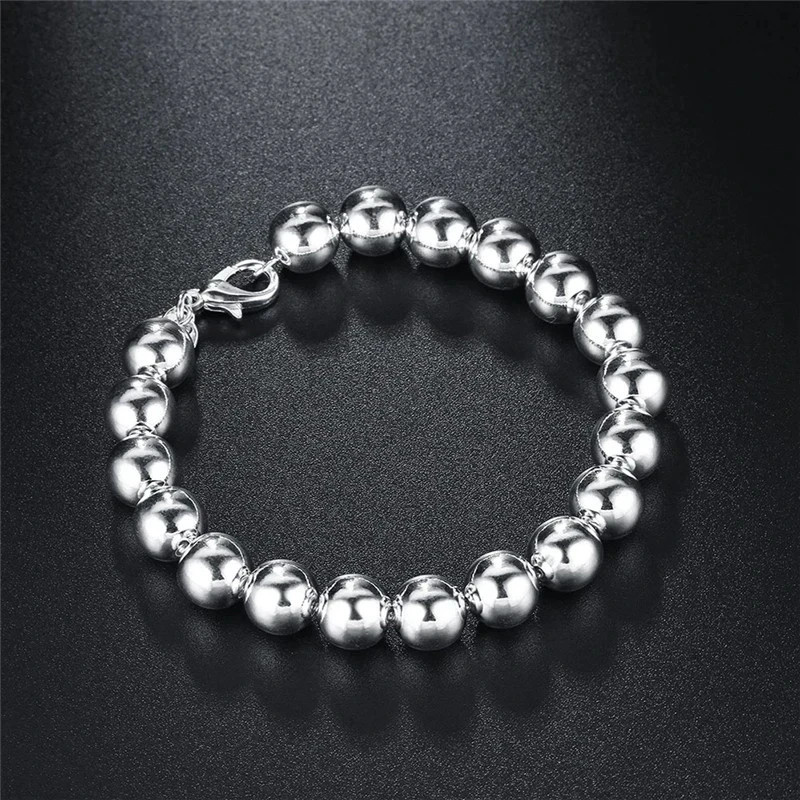925 Sterling Silver 8mm/10mm Hollow Ball Beads Chain Bracelet Women Jewelry