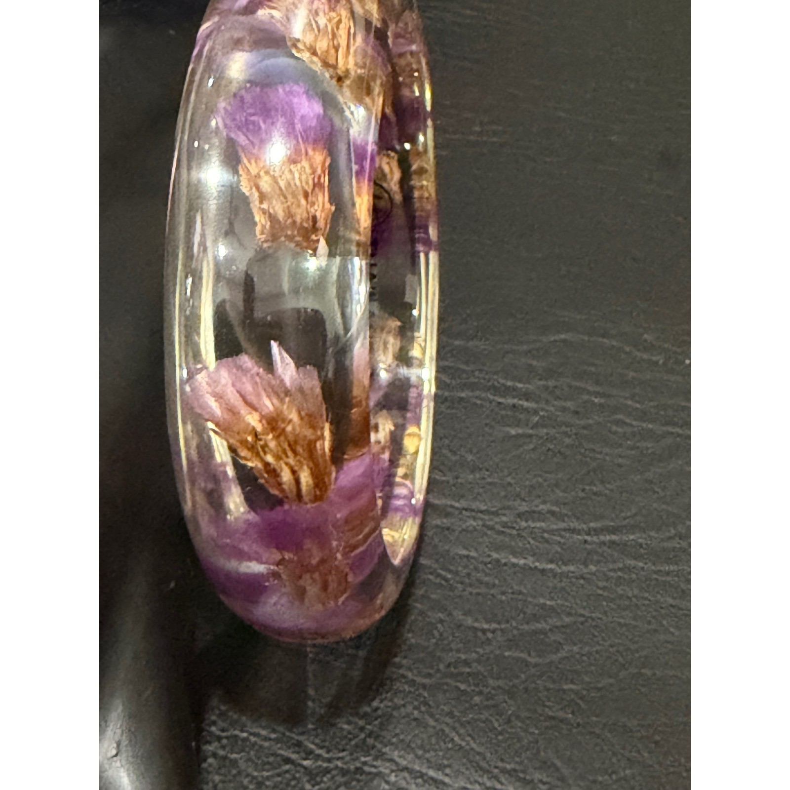 AF Thailand Resin Bangle Purple Golden Brown Real Dried Flower Boho Acrylic 7.5