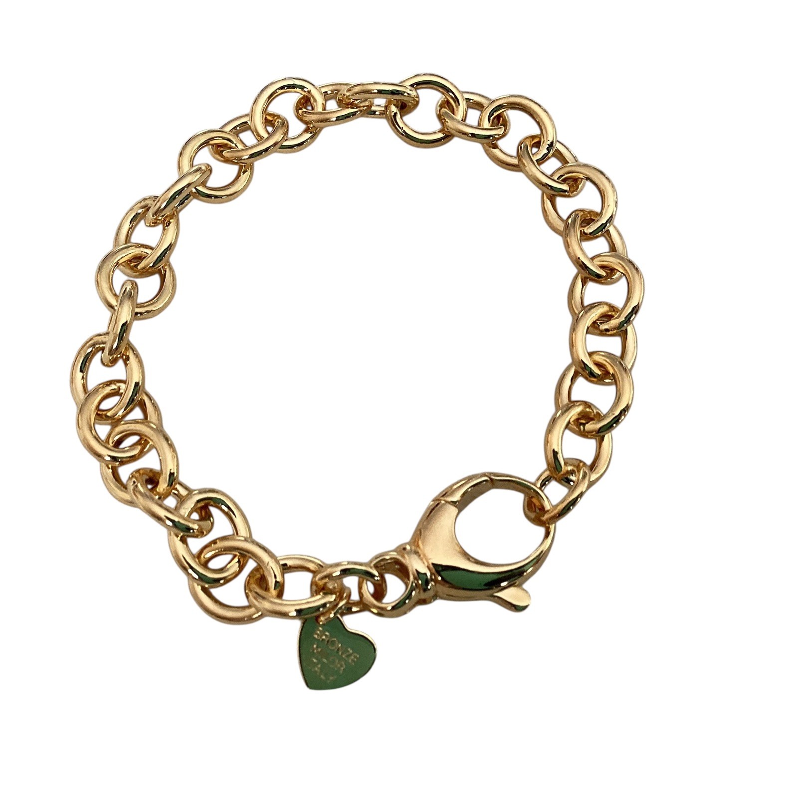 Bronzo Italia Gold Tone Oval Curb Link Bracelet Heart Charm Chunky 7 1/2”+