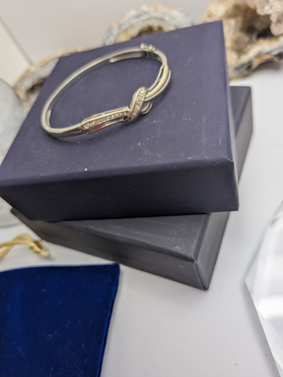 Silver Tone Knot Bangle Bracelet, Hinged Closure, Stackable, crystals