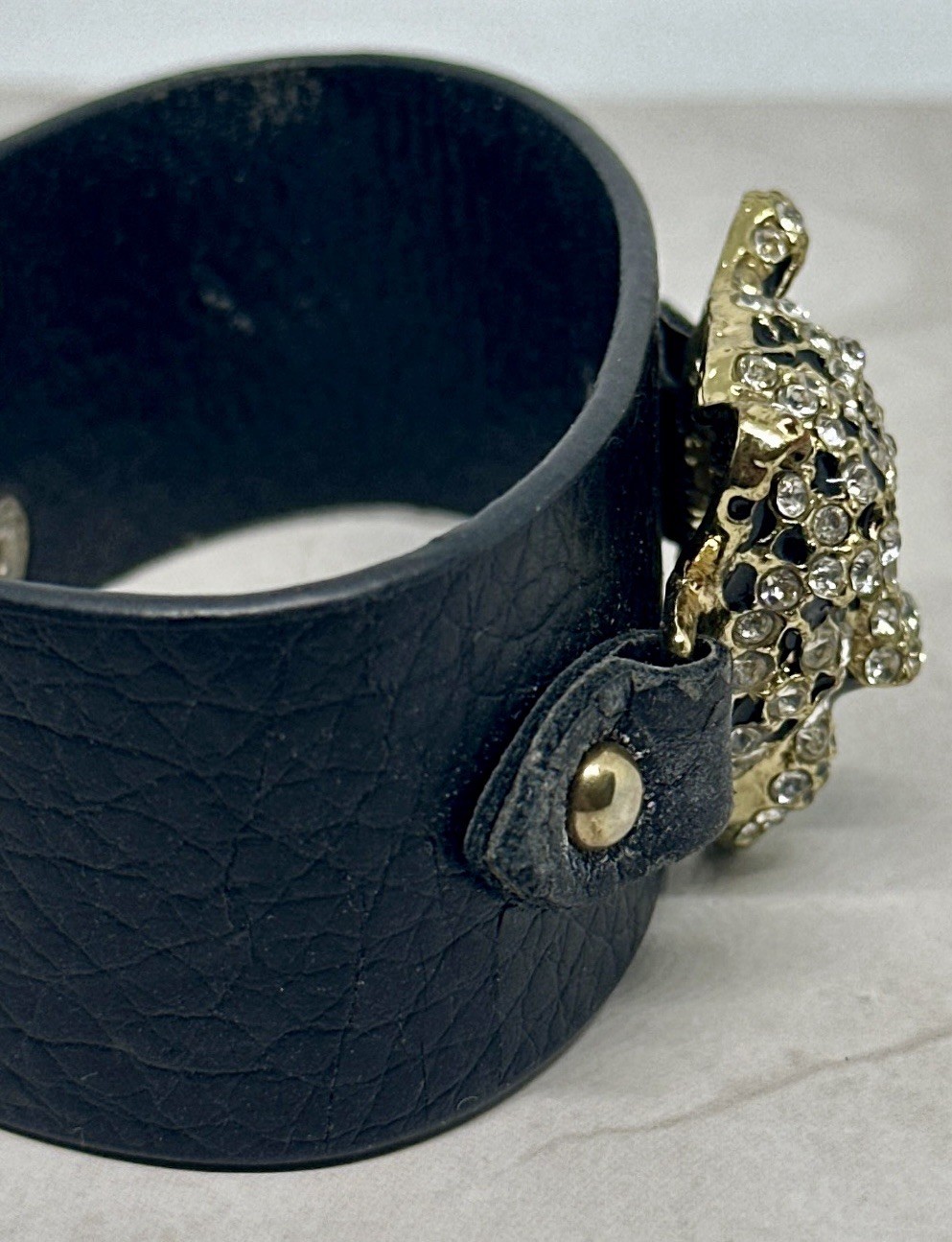 Gold Tone Leopard Head Rhinestone Faux Leather Statement Bracelet