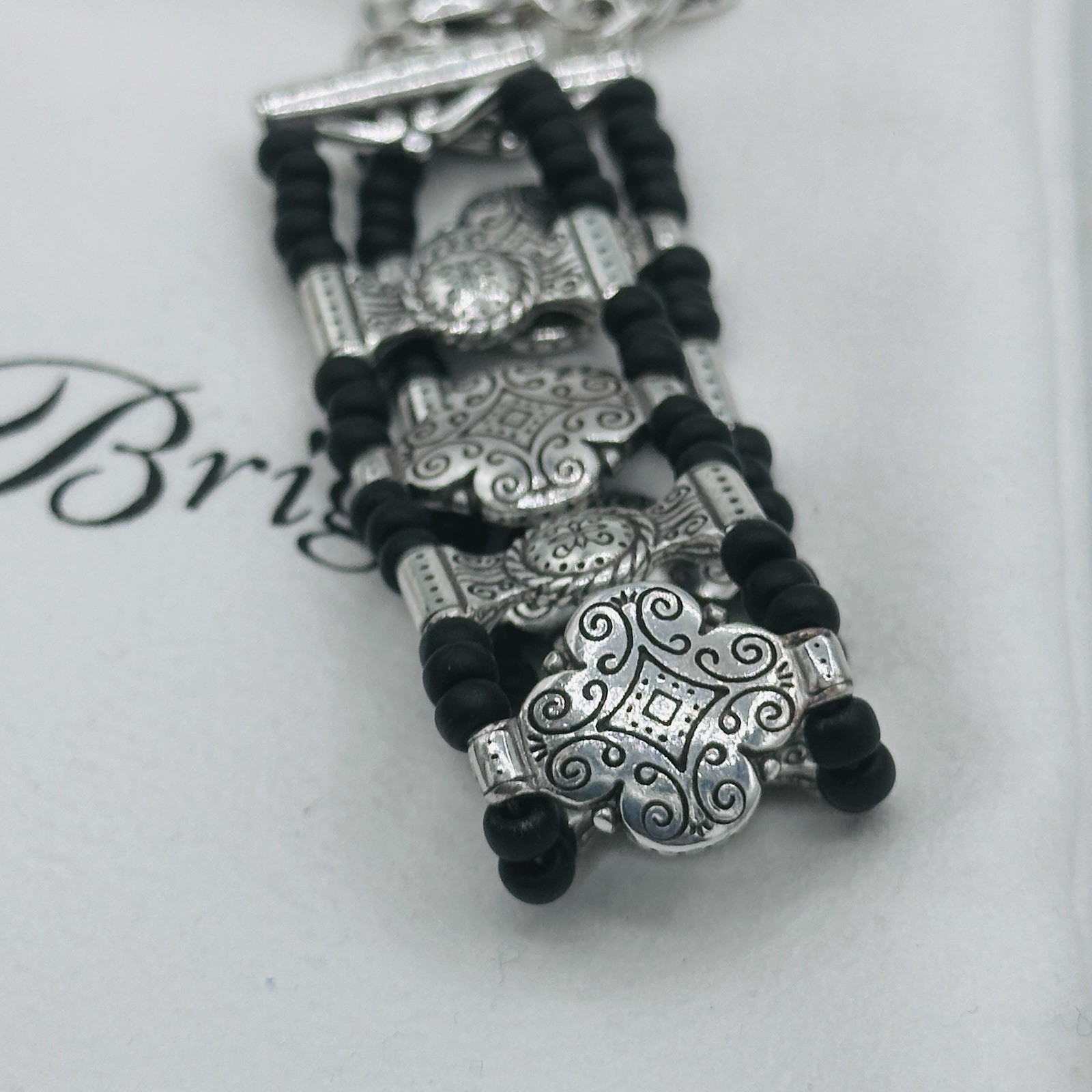 Brighton Southwestern Black Bead Bracelet Silvertone Concho Toggle 7 8 In
