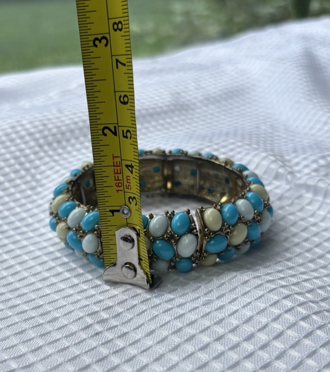 Chunky Turquoise & Coral Stone Cluster Stretch Bracelets Set of Two Bangles