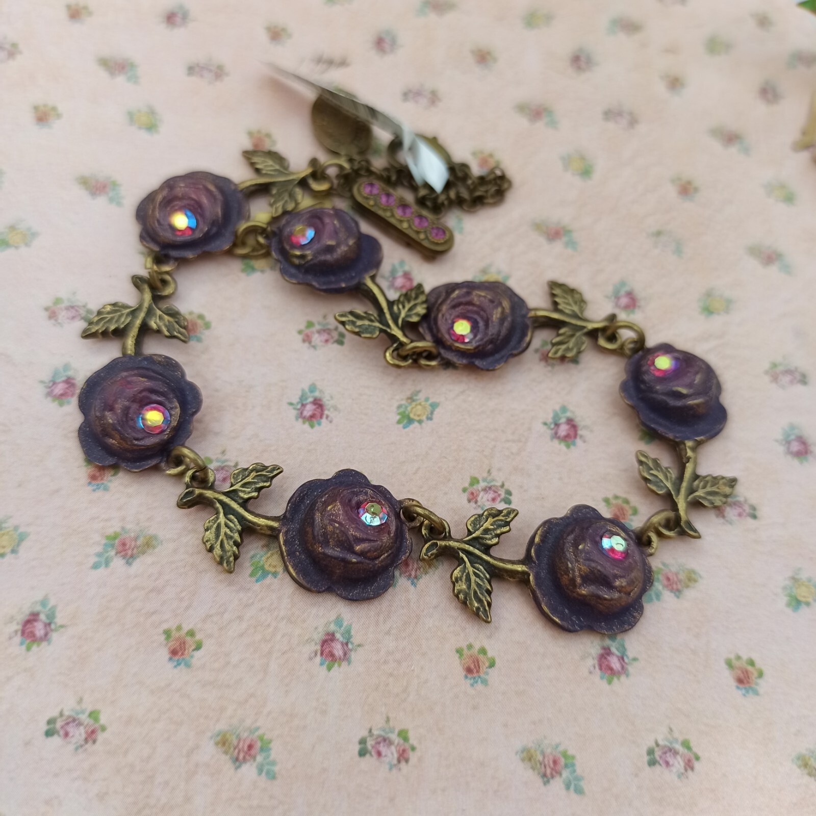 Michal Negrin Bracelet Purple Roses Pink AB Aurora Borealis Crystals Statement